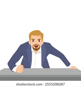 Angry man suffering from overwork and paperwork sitting at office desk. Flat vector illustration isolated on white background
