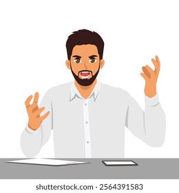 Angry man suffering from overwork and paperwork sitting at office desk. Flat Vector character illustration