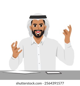 Angry man suffering from overwork sitting at office desk. Flat Vector character illustration