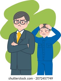 Ein wütender Mann in einem Anzug und ein Mann mit einem unruhigen Gesicht, der Arbeitskleidung trägt.