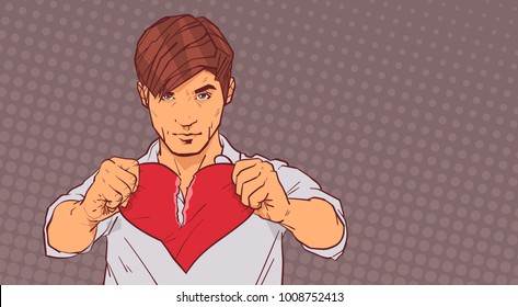 Angry Man Tearing Red Heart Into Parts On Grey Pop Art Style Background Relationship Divorce And Betrayal Concept Vector Illustration