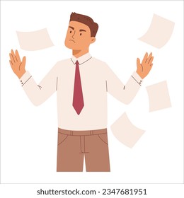 Angry man throwing documents. Upset office worker. Stress at work.