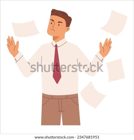 Angry man throwing documents. Upset office worker. Stress at work.