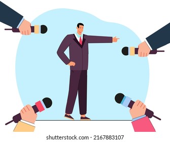 Angry man trying to avoid journalists. Male character gesturing at hands with microphones. Interview, misunderstanding concept for website or landing page concept for website or landing page