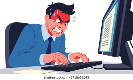 Hombre enojado que escribe agresivamente en el teclado de una computadora