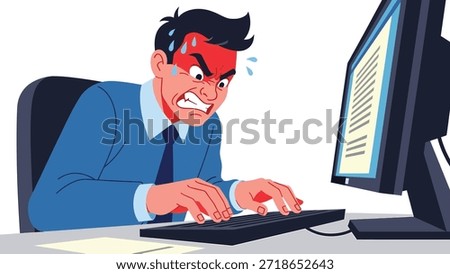 Angry man typing aggressively on a computer keyboard