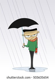 Angry man with umbrella standing under the rain. Vector Illustration