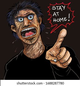 Angry man under quarantine shouting  with bubble Speech 'stay at home'