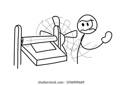 Angry man using an old printing press machine and spinning a wheel. Sketch black lines hand drawn style vector illustration isolated on a white background.