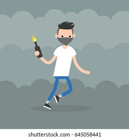 Angry man wearing a face mask holding a bottle with Molotov cocktail. Flat editable vector illustration, clip art
