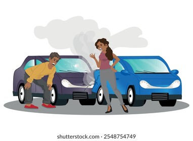 Angry man and woman are arguing after an accident standing near cars with dented bumpers. Drivers suffered car accident, vector illustration. vector illustration.