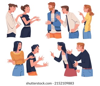 Angry Man and Woman Arguing Having Conflict with Each Other Vector Set