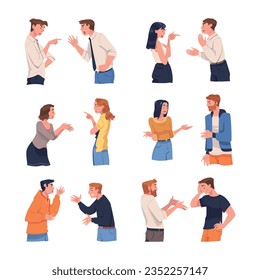 Angry Man and Woman Arguing Having Conflict with Each Other Vector Set
