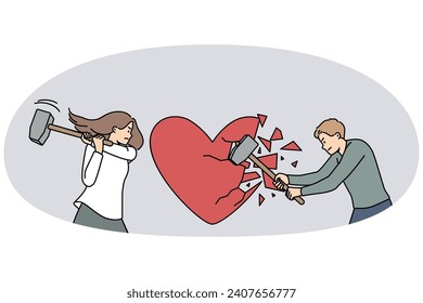 Angry man and woman break huge heart with hammers suffer from breakup or split. Furious hurt couple crash love symbol. Relationship end. Vector illustration.