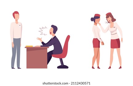 Angry Man and Woman Chief Yelling at Employee and Subordinate Vector Set