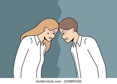 Angry man and woman confrontation at workplace. Furious male and female rivals or competitors fight at work. Rivalry and competition. Vector illustration. 