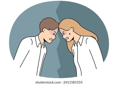 Angry man and woman confrontation at workplace. Furious male and female rivals or competitors fight at work. Rivalry and competition. Vector illustration.