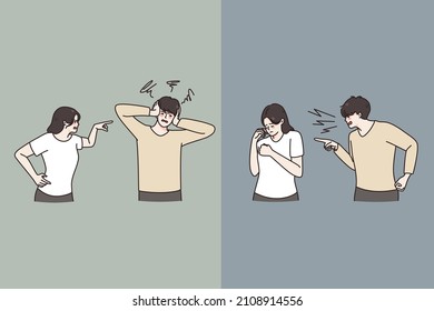 Angry man and woman fight quarrel think of divorce or split. Unhappy couple or spouse have misunderstanding. Separation and relationship problem. Abuse in relation. Vector illustration. 