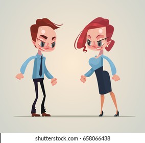 Angry man and woman office workers characters quarreling and screaming. Vector flat cartoon illustration