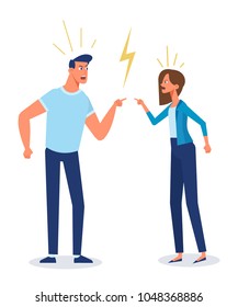 Angry man and woman quarrelling and making a loud public scandal. Vector flat cartoon illustration.