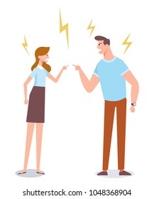 Angry man and woman quarrelling and making a loud public scandal. Vector flat cartoon illustration.