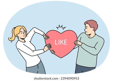 Angry man and woman share likes on social media. Furious male and female influencers tear heart symbol representing popularity on internet. Rivalry on web. Vector illustration.