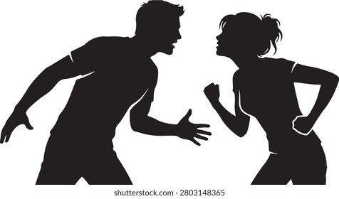 Angry man and woman shouting in argument black solid silhouette illustration isolated on white background