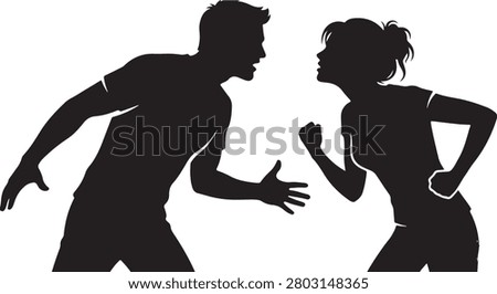 Angry man and woman shouting in argument black solid silhouette illustration isolated on white background