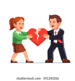 Angry man and woman standing opposite each other and tearing red heart in halves. Love & romantic relationship problems. Breakup or divorce concept. Flat style vector illustration isolated on white.