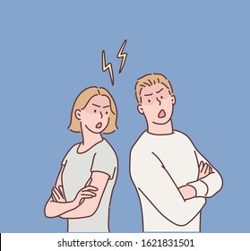 Angry man & woman turning away from each other crossing their arms. Standing back to back after argument. Hand drawn style vector design illustrations.