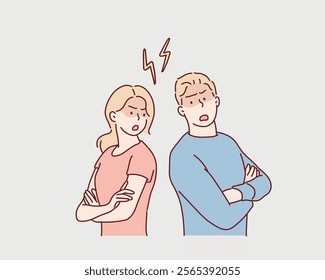 Angry man  woman turning away from each other crossing their arms. Standing back to back after argument.Hand drawn style vector design illustrations.