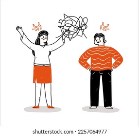 Angry man yelling at girlfriend or wife. Couple quarrelling. Family crisis, breakup and divorce concept. Modern flat vector illustration. An illustration of an in trouble couple