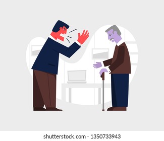 Angry man yelling at a sad old man. Abusive relationship vector illustration. Family violence and aggression concept. svg