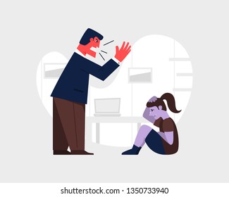 Angry man yelling and at a scared child. Abusive relationship vector illustration. Family violence and aggression concept. Father screaming at little daughter