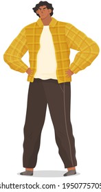 Angry man young personage dressed in casual clothes stands in an aggressive pose at full height