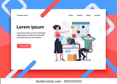 Angry Manager Blaming Scared Colleague. Two Employees Arguing At Note Board Flat Vector Illustration. Conflict, Planning Failure Concept For Banner, Website Design Or Landing Web Page