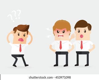 angry manager listen to one side and shouting to employee, businessman whisper something to his boss