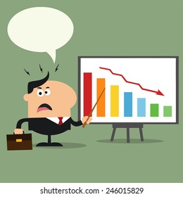 Angry Manager Pointing To A Decrease Chart On A Board.Flat Style Vector Illustration With Speech Bubble
