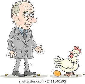 Angry manager of a poultry farm scolding a hen layer for very high cost of fresh eggs for supermarket shoppers, vector cartoon illustration isolated on white