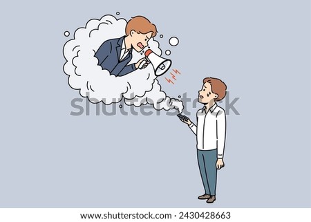 Angry manager scolds helpless subordinate while leaning out of mobile phone with megaphone in hands. Manager violates subordination by raising voice to subordinate to obtain high business results. Foto stock © 