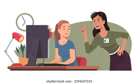 Angry manager screaming at sad worker. Disappointed business woman boss shouting scolding subordinate employee working on computer at workplace desk. Office conflict, stress flat vector illustration