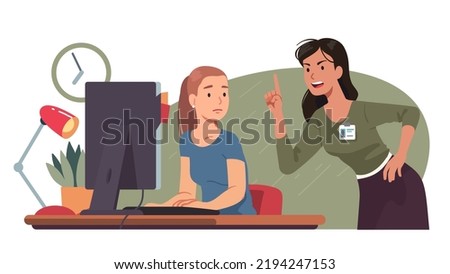 Angry manager screaming at sad worker. Disappointed business woman boss shouting scolding subordinate employee working on computer at workplace desk. Office conflict, stress flat vector illustration Foto stock © 