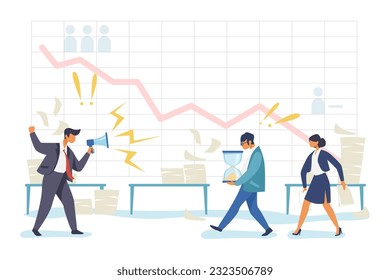 Angry manager shouting at employees vector illustration. Tired office workers carrying hourglass, struggling to work on projects and needing help. Lack of personnel, labor crisis concept