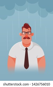 Angry Manager Standing Under the Rainy Cloud. Cartoon Style. Vector Illustration