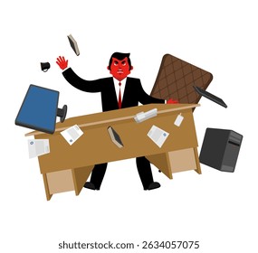 Angry manager throws table. Angry director flips desk. Concept burnout at work