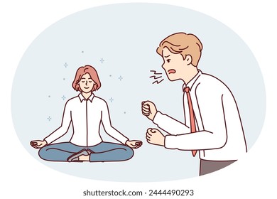Angry manager yelling at employee sitting in lotus position and not paying attention to employer bad attitude. Girl uses meditation and yoga located near screaming unbalanced man