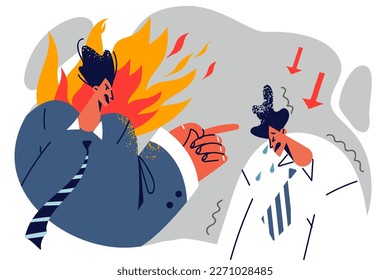 Angry manager yelling at unhappy employee who violated subordination or missed deadlines and lost company money. Concept bullying at work and manager toxic behavior towards subordinates 