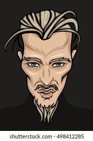 angry man's face on dark grey background. scowl eyebrows, blonde hair, beard, skinny evil male portrait vector illustration.
