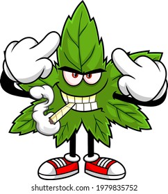 Angry Marijuana Leaf Cartoon Character With A Joint Showing Middle Finger. Vector Hand Drawn Illustration Isolated On Transparent Background