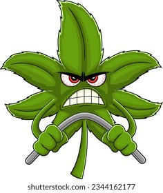 Caricatura De Hojas De Marihuana Enfadada Con Las Manos Doblando Una Rod De Metal. Ilustración dibujada a mano vectorial aislada en fondo transparente